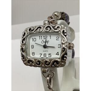 Swap Silver Rectangle Purple Beaded Quartz Watch New Battery!